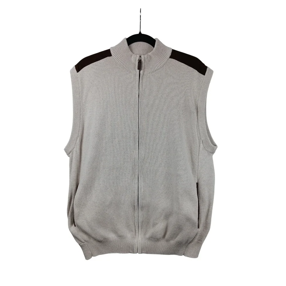 Chaps Mens Zip Neck Sweater Vest Beige Ribbed Knit Cotton‎ Size XL TG EG